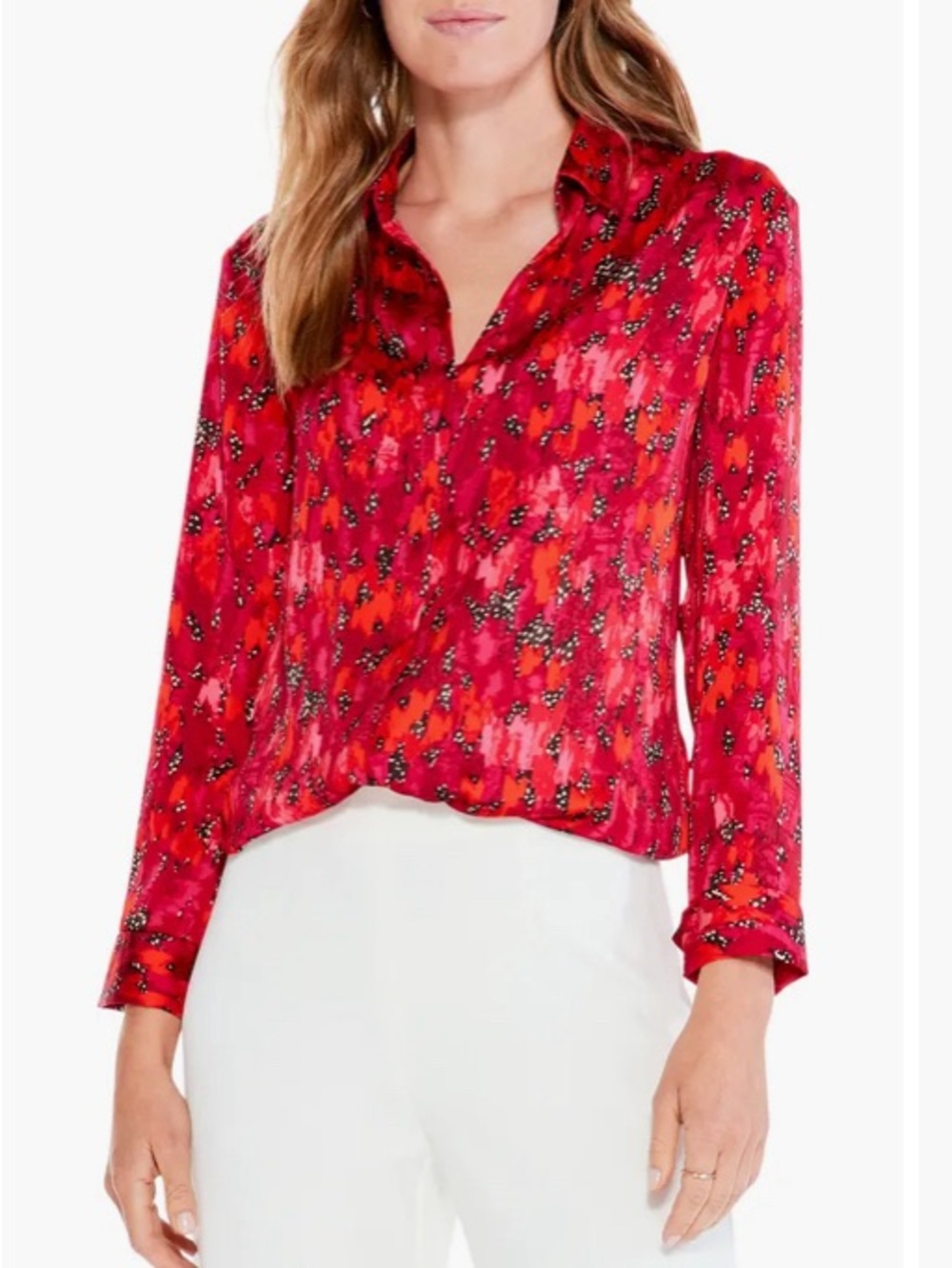NIC+ZOE Red and Pink Mix & Mingle Long Sleeve Blouse Size M